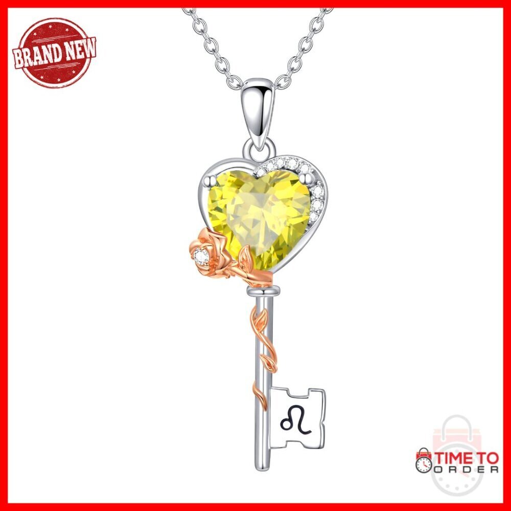 Sterling Silver Zodiac Key Pendant Necklace Elegant Birthstone Jewelry Gift